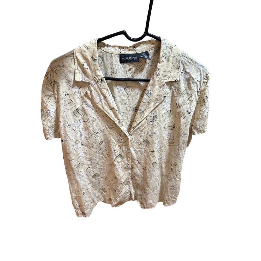 Bridgetown Collection XL Beige 100% Silk Printed Short Sleeve Button-Up Shirt